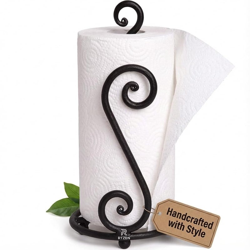 RTZEN Matte Black Paper Towel Holder Countertop - Decorative Farmhouse Paper Towel Roll Holder - Rustic Metal Modern Stand for Kitchen or Bathroom (Swirl) - Image 1